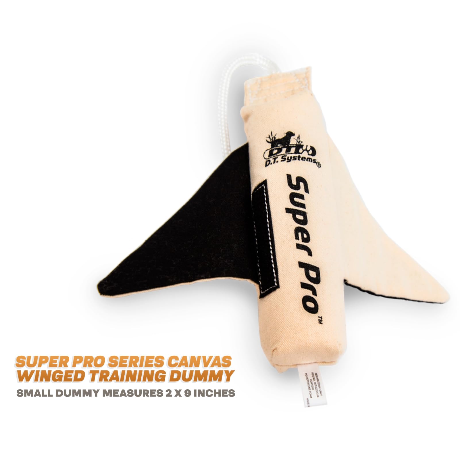 DT Systems Super Pro Series Canvas Winged Dummy, Durable High-Visibility Black & White Floating Hunting Dog Retriever Training Tool with Scent Strip & Rope Handle - Image 4